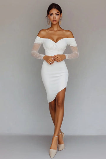 Bodycon White Ruched Off the Shoulder Graduation Dress